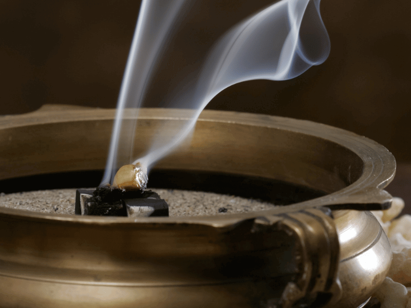 Frankincense incense burning in a brass bowl.