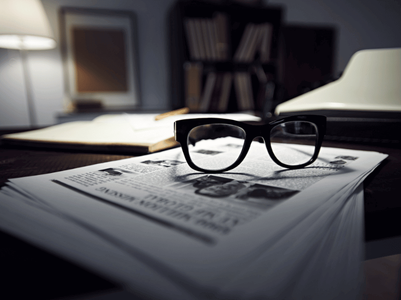 A pair of glasses on a stack of newspaper pages.