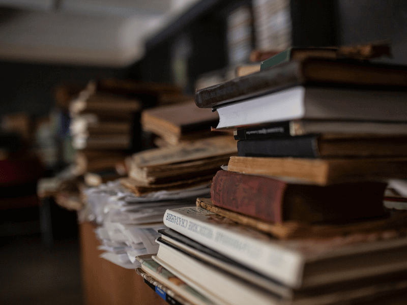 Close-up of stacked books.